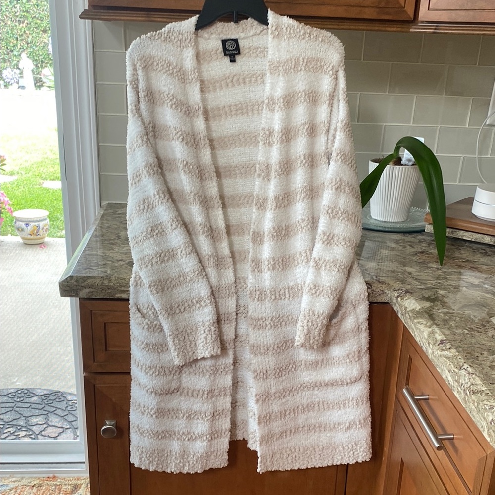 Bobeau White and Tan Soft Cardigan Sweater Small Length 36”